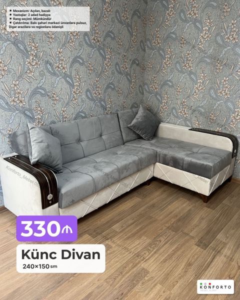 Künc divan – 240×150 sm - Açılan mexanizm, bazalı - 2 ədəd hədiyyə — Bakı