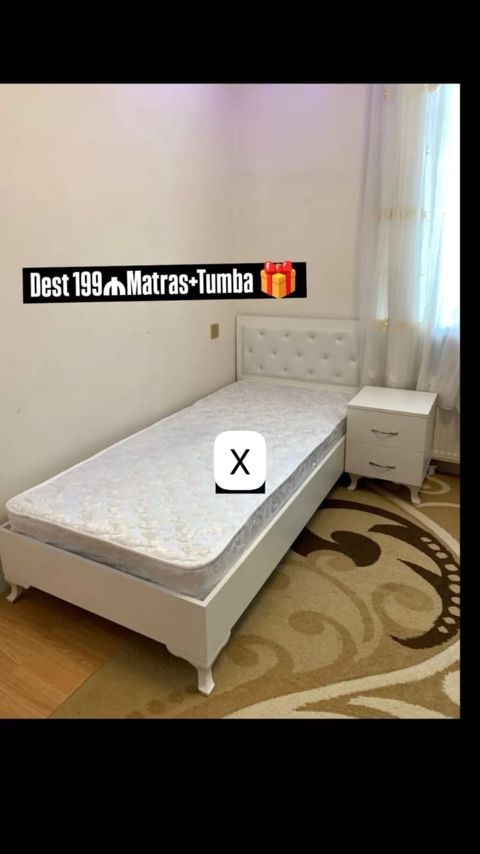 Yataq dəsti – çarpayı, matras və tumba - Rəng: ağ - Dizayn: yumşaq — Bakı
