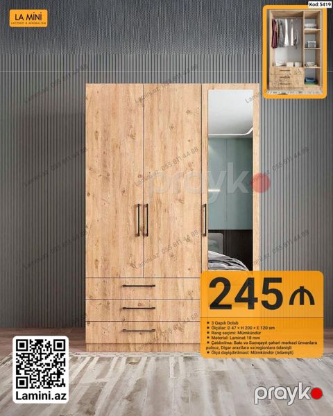 3 qapılı paltar dolabı – minimalizm sevənlər üçün funksional həll