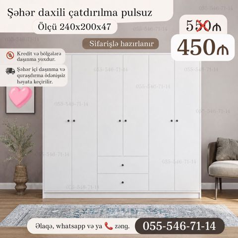 Ağ rəngdə çoxbölməli paltar şkafı - Ölçü: 240 x 200 x 47 sm - 5 — Bakı