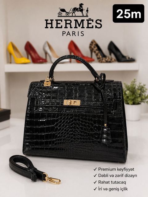 Hermès Paris qadın çantası – 25 sm - Qara, laklı timsah teksturalı