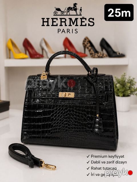 Hermès Paris qadın çantası – 25 sm - Qara, laklı timsah teksturalı — Bakı