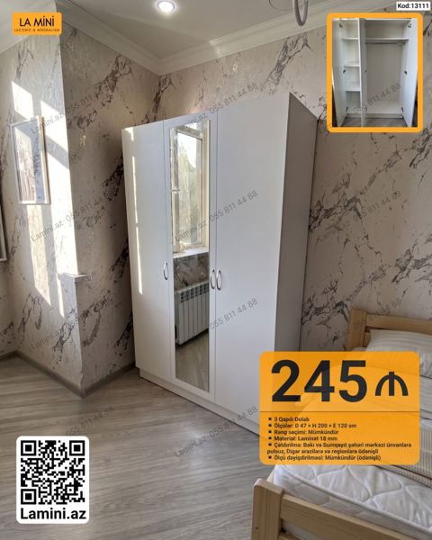 3 qapılı paltar dolabı – minimal dizayn, ağ rəng. Orta qapı — Bakı