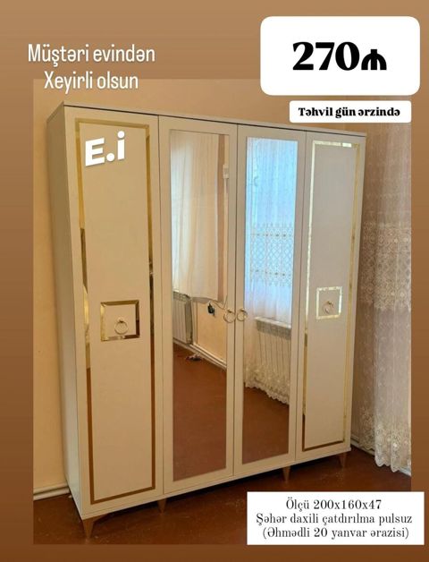 Dörd qapılı şkaf – güzgülü, dekorativ qızılı haşiyələr və saplarla — Mehdiabad
