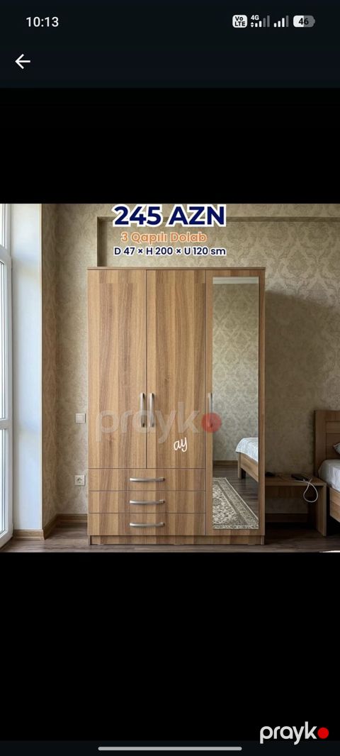 3 qapılı geyim dolabı Ölçülər: - Dərinlik: 47 sm - Hündürlük: 200 sm — Bakı