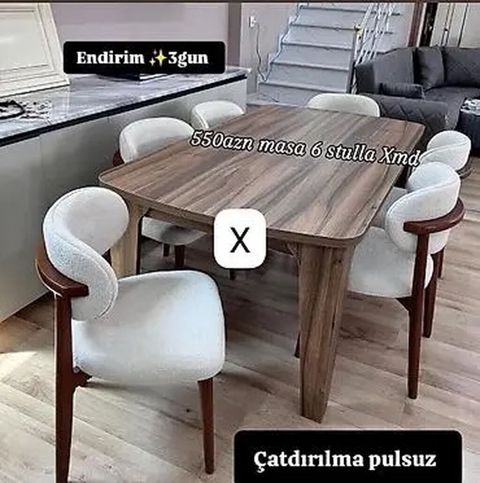 Yemək otağı dəsti: taxta formalı, düzbucaqlı masa + 6 ədəd stul — Bakı