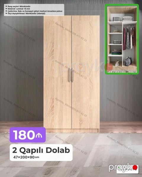 Məhsul: 2 qapılı paltar dolabı - Ölçü: 47 200 90 sm - Material