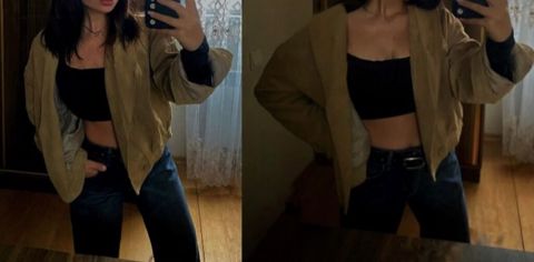 Oversize qısa bomber üslublu jaket - Rəng: bej (neytral ton, müxtəlif — Xırdalan