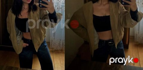 Oversize qısa bomber üslublu jaket - Rəng: bej (neytral ton, müxtəlif — Xırdalan