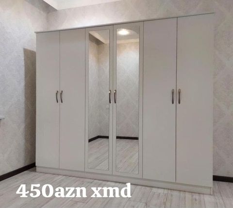 Ağ rəngdə, 5 qapılı paltar dolabı. Orta hissədə 2 ədəd tam ölçülü — Mehdiabad