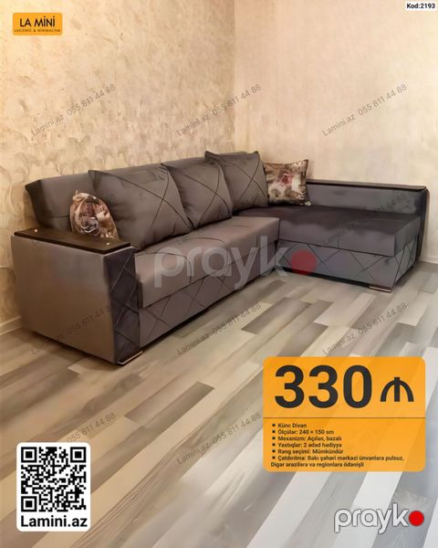 Künc Divan – Kod: 2193 - Ölçülər: 240 150 sm - Mexanizm: Açılan