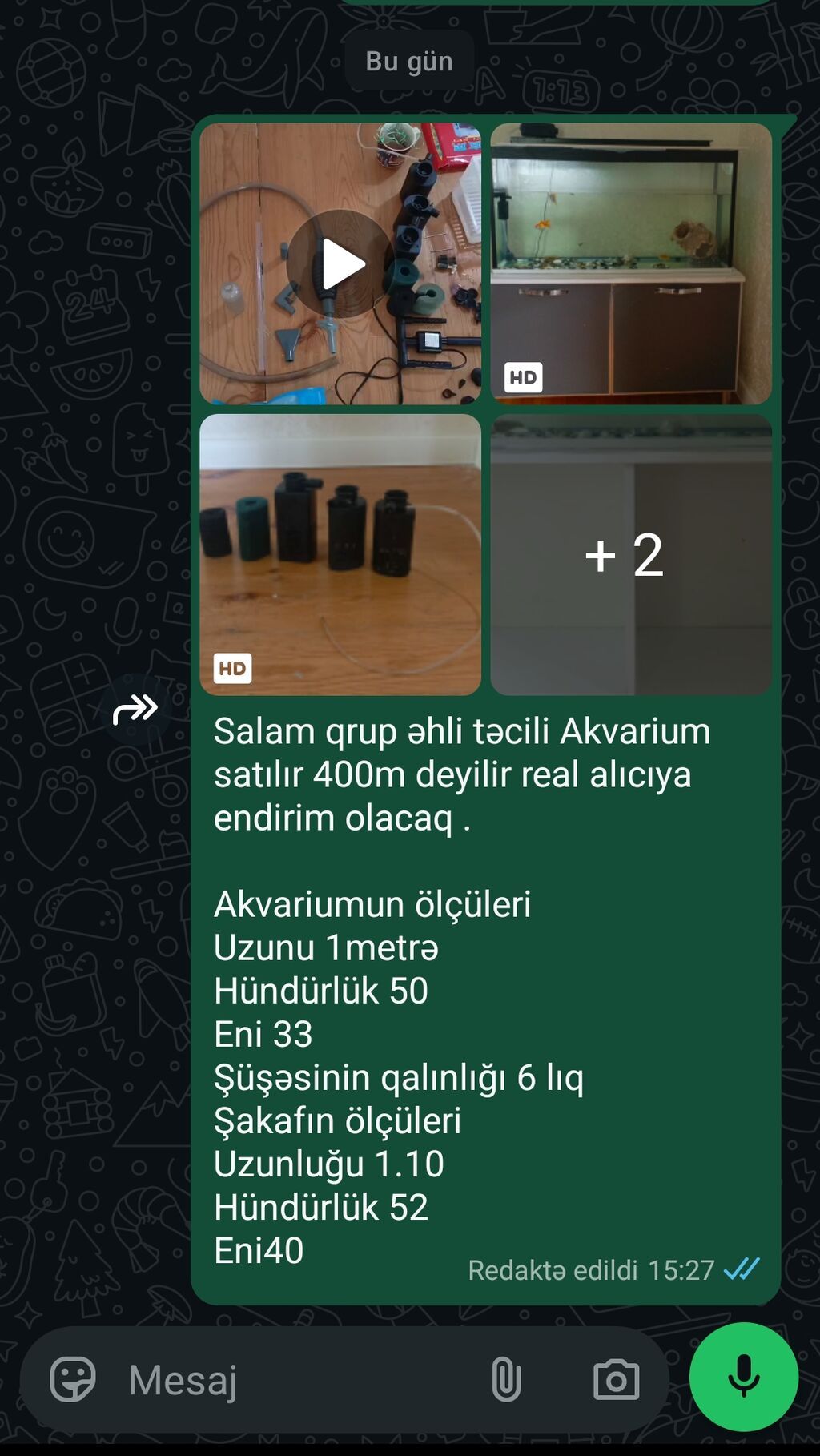 Akvarium + şkaf dəsti - Akvarium ölçüləri: uzunluq 1 metr, hündürlük — Akvariumlar və balıqlar, Bakı (2)