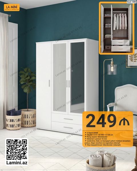 3 qapılı dolab - Model: Kod 1080 - Rəng seçimi: mümkündür - Material — Bakı