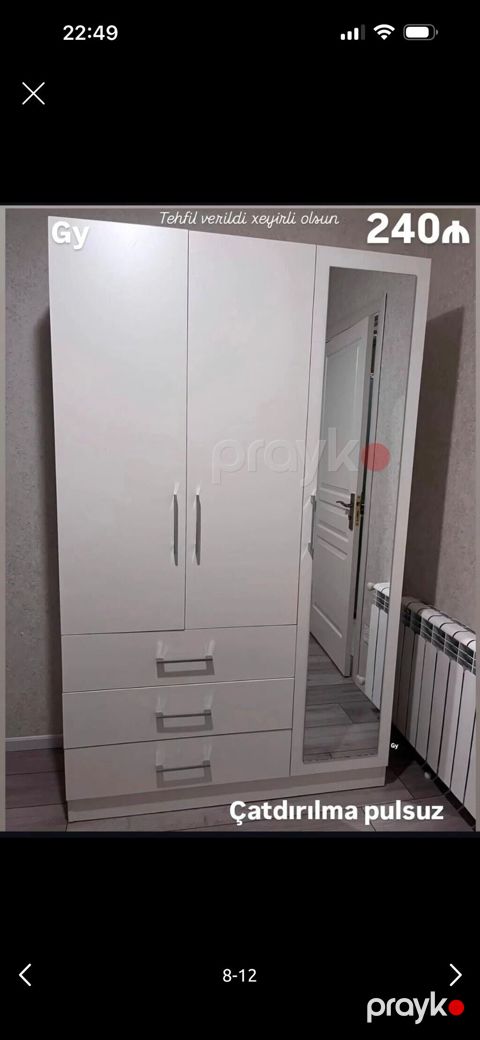 Ağ rəngli 3 qapılı paltar dolabı - Bir tərəfdə tam boy güzgü ilə qapı — Bakı