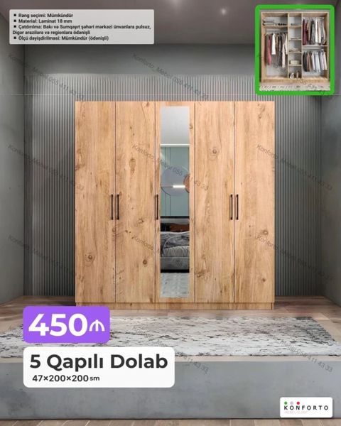5 qapılı paltar dolabı - Ölçü: 47×200×200 sm - Material: 18 mm — Bakı