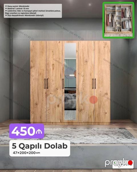 5 qapılı paltar dolabı - Ölçü: 47×200×200 sm - Material: 18 mm