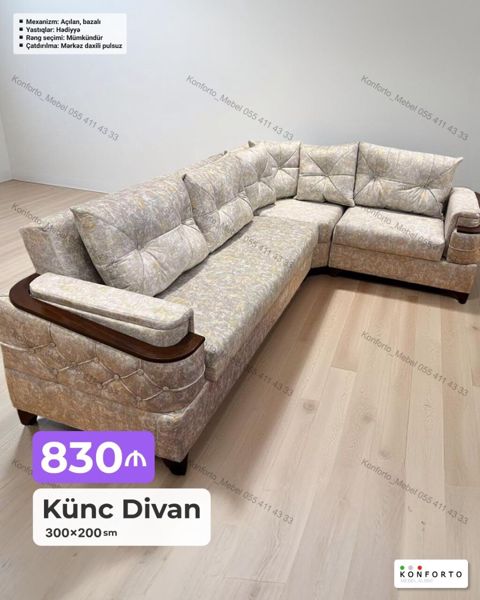 Künc divan – 300×200 sm - Mexanizm: açılan, bazalı (yuxarı qalxan — Bakı
