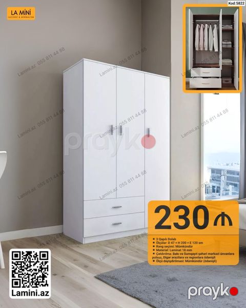 3 qapılı dolab - Ölçülər: D 47 H 200 E 120 sm - Rəng seçimi