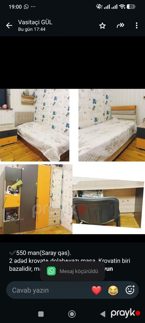 550 man(Saray qəs). 2 ədəd krovat+ dolab+yazı masa. Krovatin biri