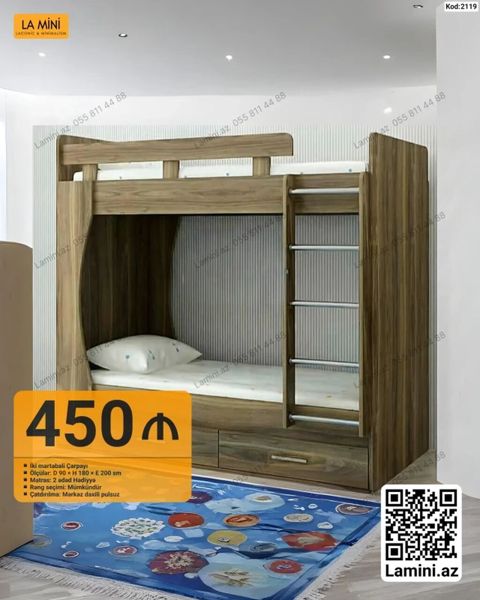 İki mərtəbəli çarpayı – Kod: 2119 - Qiymət: 450 - Ölçülər: D 90 H — Bakı
