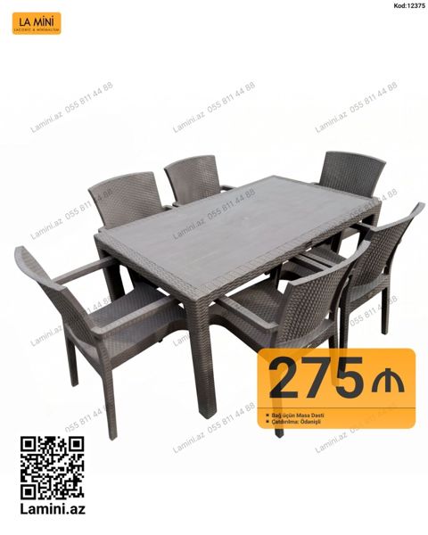 Bağ üçün masa dəsti - Komplekt: 1 ədəd düzbucaqlı masa + 6 ədəd — Bakı