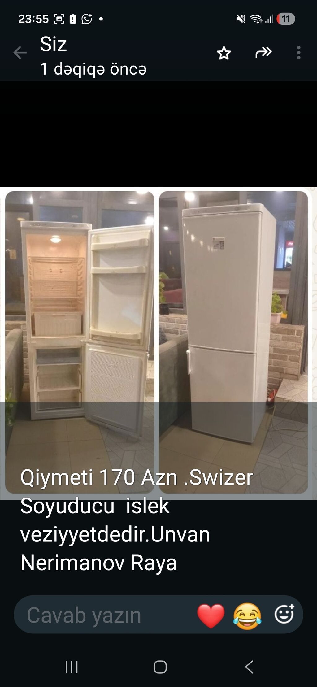 Swizer soyuducu - İki kamerali: yuxarıda soyuducu bölmə, aşağıda — Soyuducular, Sumqayıt