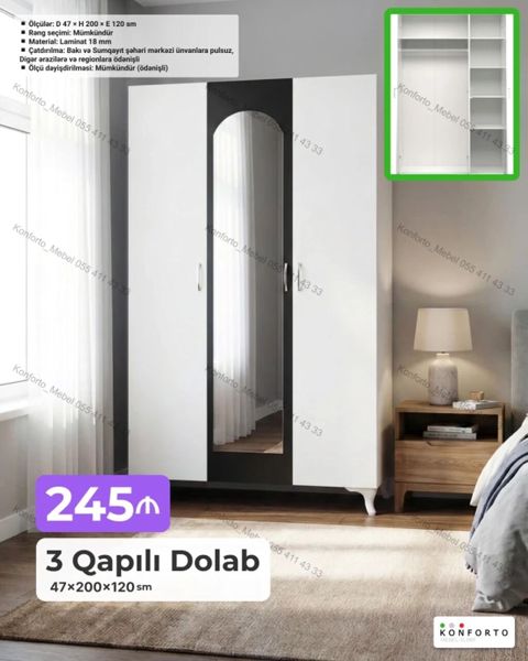 3 qapılı paltar dolabı – 47×200×120 sm - Ölçülər: Dərinlik 47 sm — Bakı