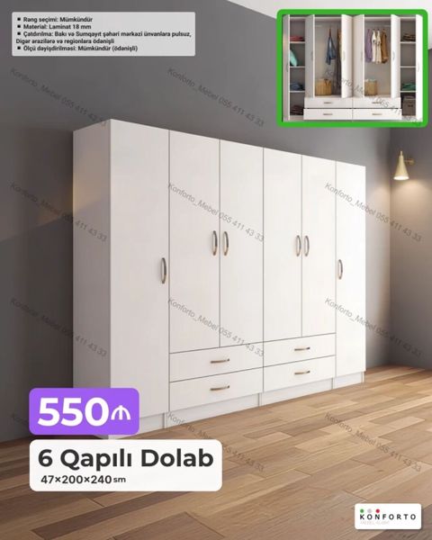 6 qapılı geyim dolabı — 47×200×240 sm ölçülərdə. - Material: 18 mm — Bakı