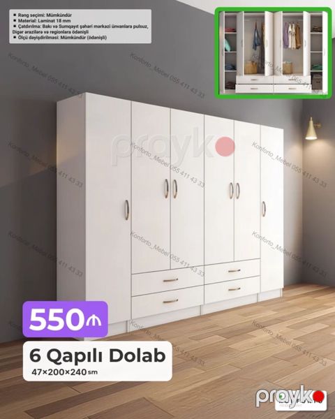 6 qapılı geyim dolabı — 47×200×240 sm ölçülərdə. - Material: 18 mm