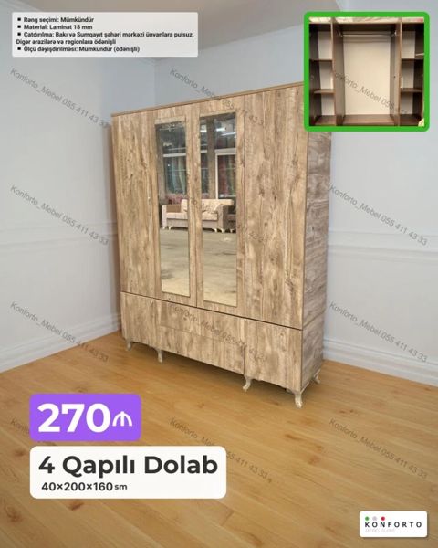 4 qapılı paltar dolabı – 40×200×160 sm Xüsusiyyətlər: - Material: 18 — Bakı