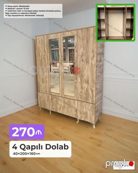 4 qapılı paltar dolabı – 40×200×160 sm Xüsusiyyətlər: - Material: 18