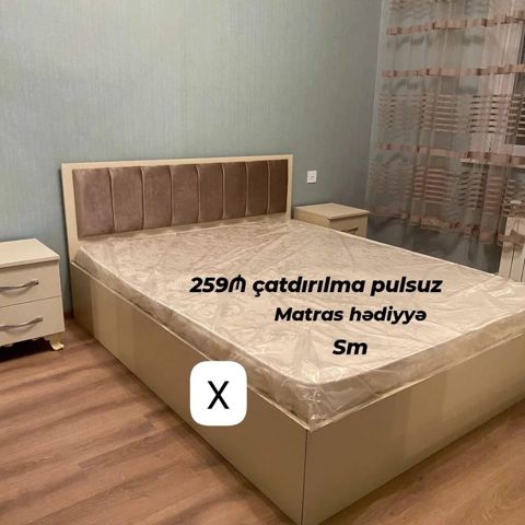 Yataq dəsti – müasir dizaynlı iki nəfərlik çarpayı və 2 ədəd tumba — Bakı