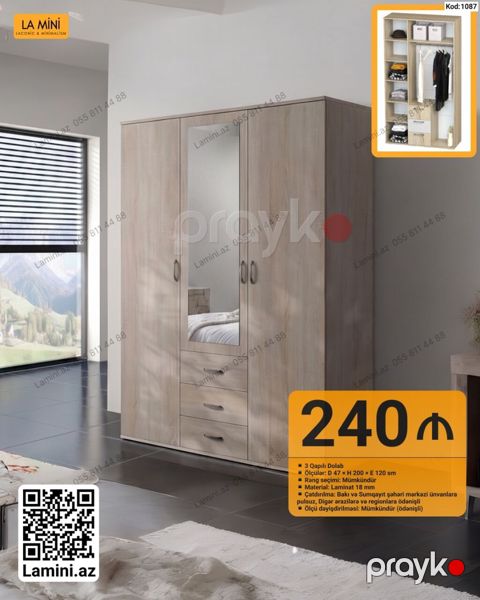 3 qapılı şkaf – La Mini Kod: 1087 Xüsusiyyətlər: - Ölçülər: D 47 H