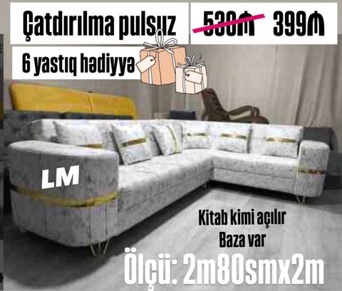 L formalı künc divanı - Ölçü: 2 m 80 sm x 2 m - Mexanizm: kitab kimi — Bakı