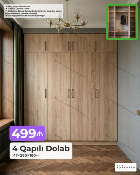 4 Qapılı Dolab – 47×280×160 sm - Material: 18 mm laminat - Rəng — Bakı