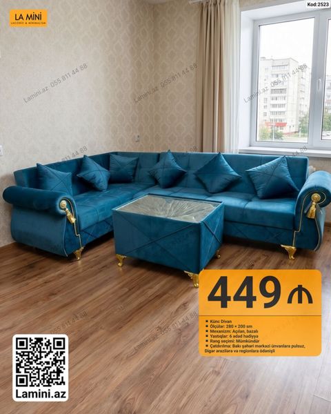 Künc divan dəsti satılır. Məhsul mavi rəngdə künc divandır və dəstə — Bakı