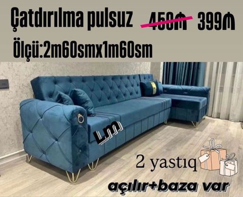 Künc divan – açılır mexanizm və baza ilə. - Rəng: mavi - Material — Bakı