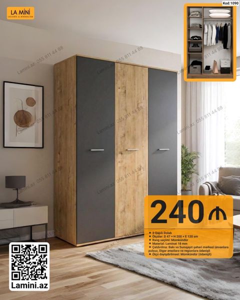 3 qapılı dolab – Kod: 1090 - Ölçülər: D 47 H 200 E 120 sm - Rəng — Bakı