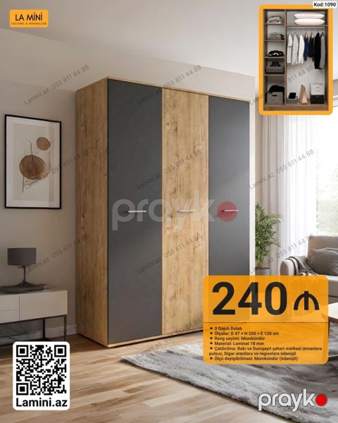 3 qapılı dolab – Kod: 1090 - Ölçülər: D 47 H 200 E 120 sm - Rəng