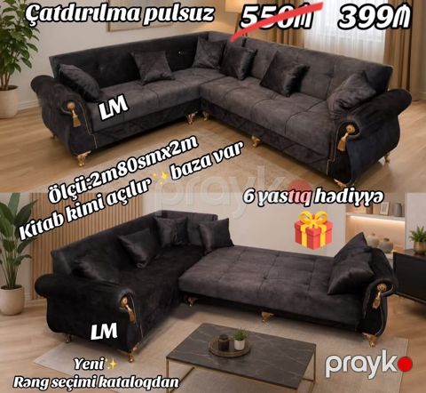 L‑formal künc divan - Ölçü: 2 m 80 sm x 2 m - Kitab kimi açılır — Digah