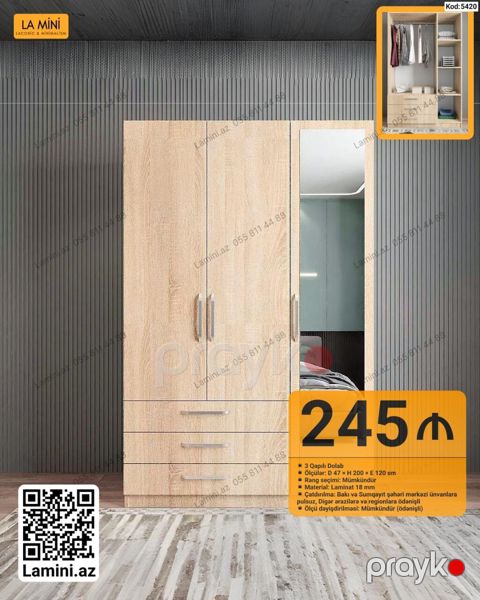 3 qapılı geyim dolabı - Ölçü: D 47 H 200 E 120 sm - Material: 18
