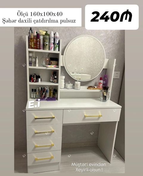 Ağ rəngdə kosmetik masa və güzgü dəsti. - Ölçü: 160 x 100 x 40 sm — Bakı