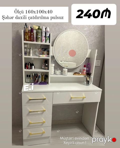 Ağ rəngdə kosmetik masa və güzgü dəsti. - Ölçü: 160 x 100 x 40 sm — Bakı