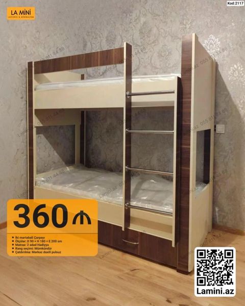 İki mərtəbəli çarpayı – Kod: 2117 - Ölçülər: D 90 H 180 E 200 sm — Bakı