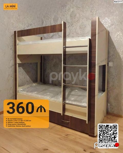 İki mərtəbəli çarpayı – Kod: 2117 - Ölçülər: D 90 H 180 E 200 sm — Bakı
