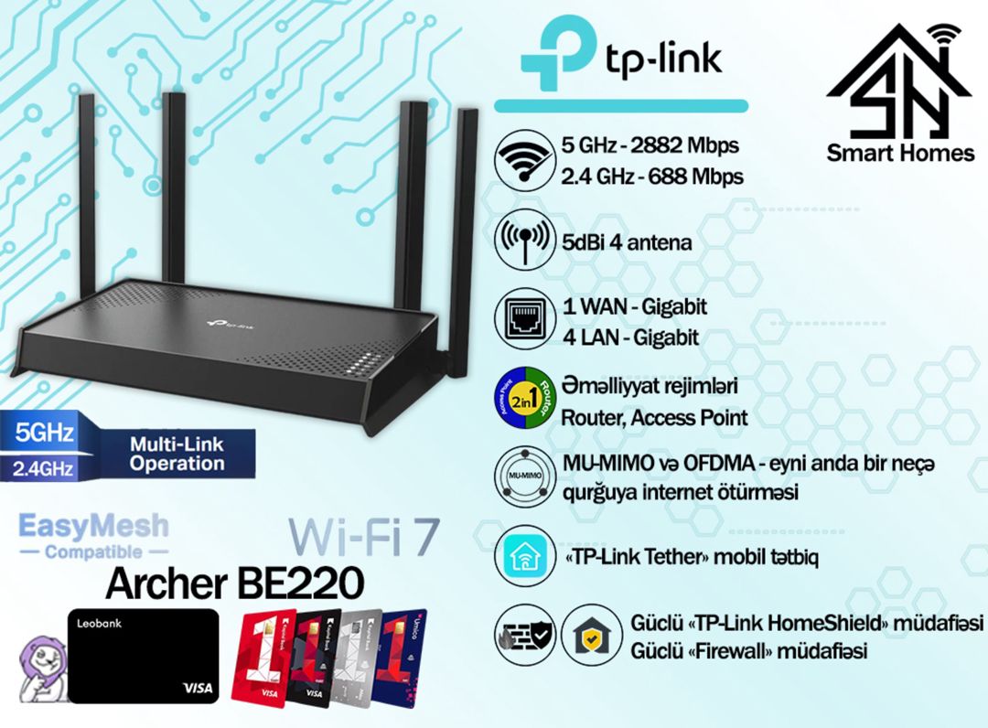 TP-Link BE3600 Dual-Band Gigabit Wi-Fi 7 Router Archer BE220 — Şəbəkə və server avadanlığı, Bakı