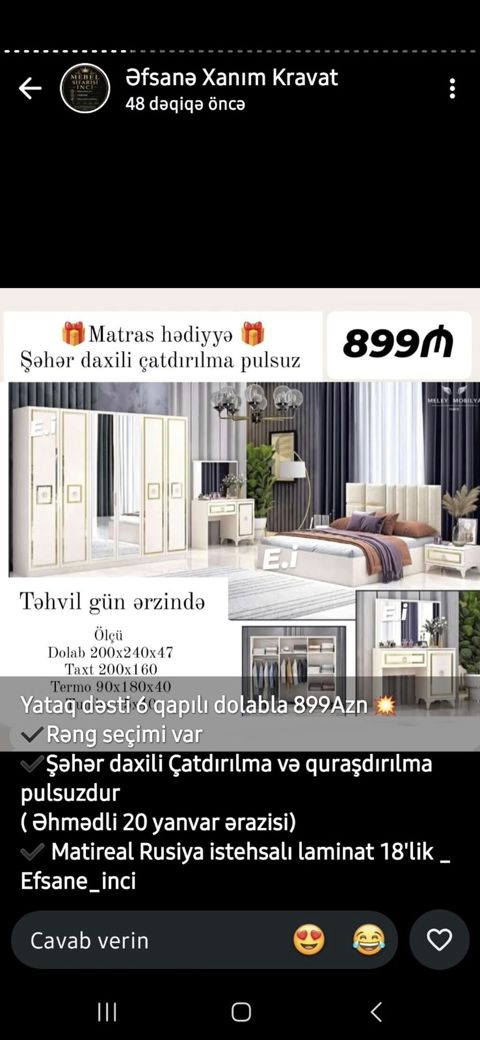 Yataq otağı dəsti – 6 qapılı dolablı Tərkibi: - 6 qapılı qarderob — Mehdiabad