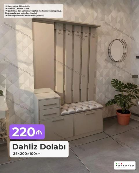 Dəhliz Dolabı – 35×200×100 sm - Rahat oturacaqla inteqrə olunmuş — Bakı