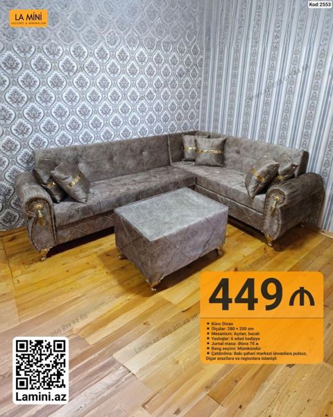 Künc divan dəsti – Kod: 2553 - Ölçülər: 280 200 sm - Mexanizm — Bakı