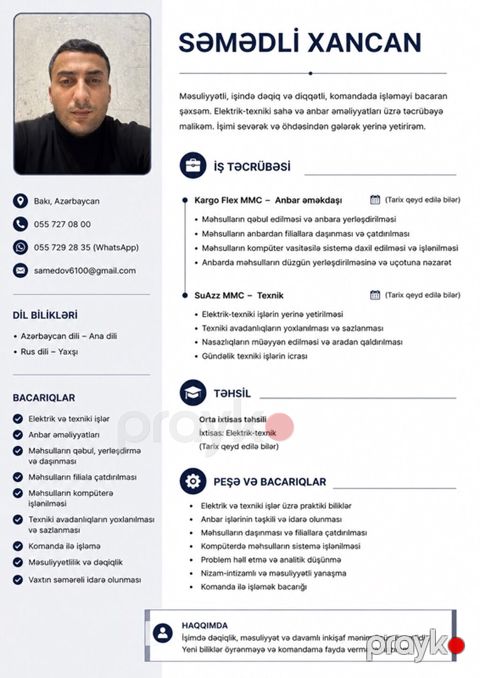 Xidmət: Elektrik-texniki və anbar işləri üzrə mütəxəssis Təklif — Digah